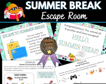 May include: A colorful digital summer-themed escape room game with math and logic puzzles. The image features a pineapple in a life preserver, text that reads "Summer Break Escape Room", and various puzzle prompts. Includes a menu and emoji pictionary.