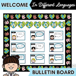 Może przedstawiać: Kolorowa tablica ogłoszeń ze słowem "WELCOME" w kształcie serca, z ilustracjami i tłumaczeniami w różnych językach. Tablica zawiera również tekst "In Different Languages" i "BULLETIN BOARD".