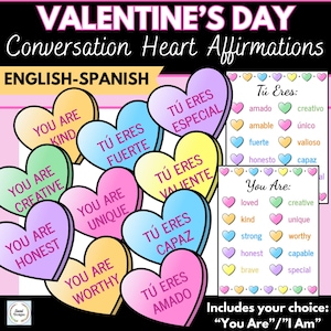 Afirmaciones de corazón para conversar en el día de San Valentín, corazones de caramelo, tablón de anuncios, carteles, decoración de aulas, bilingüe, español, descarga instantánea