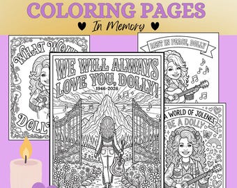 Dolly Parton RIP Coloring Pages, Memorial Coloring Sheets, In Memory Of, Rest in Peace Dolly, Dolly Tribute, Instant Download, Printable