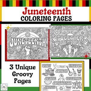 May include: Juneteenth coloring pages with the text "Juneteenth Coloring Pages" in red. The pages feature intricate black and white designs with the words "Freedom Day", "Juneteenth", "Together We Rise", and other related words and images.