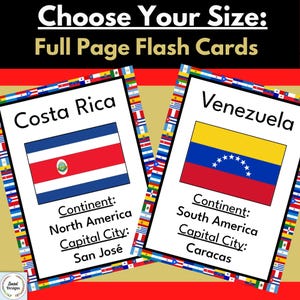 May include: Two printable flashcards featuring the flags of Costa Rica and Venezuela. Each card includes the country's name, continent, and capital city. The cards are designed for use as educational tools.