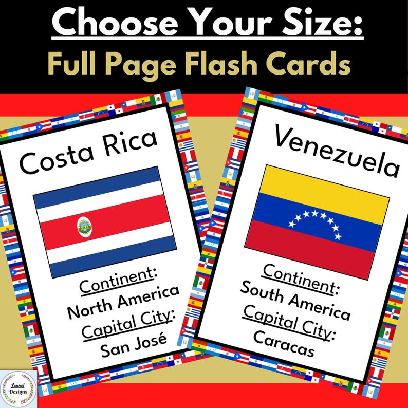 May include: Two printable flashcards featuring the flags of Costa Rica and Venezuela. Each card includes the country's name, continent, and capital city. The cards are designed for use as educational tools.