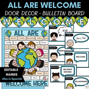 Puede incluir: Un diseño de tablón de anuncios colorido con el texto "ALL ARE WELCOME". El diseño incluye un globo rodeado de diversos niños de dibujos animados, con espacios de nombres editables. El texto adicional incluye "WELCOME HERE" y saludos en varios idiomas.