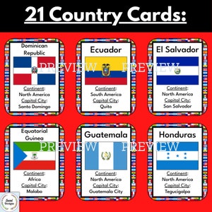 May include: A set of 9 colorful flashcards featuring flags and information about different countries. Each card includes the country name, continent, and capital city. The cards are designed for educational purposes and can be used for learning about geography and world cultures.