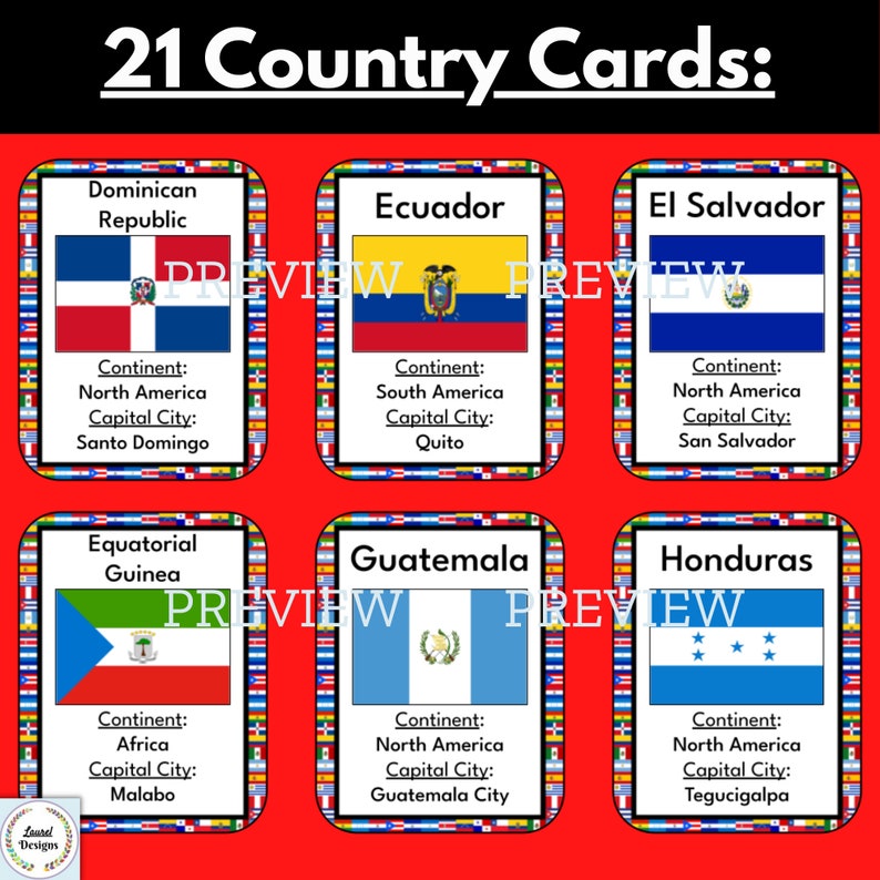 May include: A set of 9 colorful flashcards featuring flags and information about different countries. Each card includes the country name, continent, and capital city. The cards are designed for educational purposes and can be used for learning about geography and world cultures.
