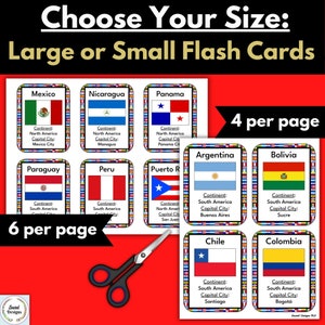 May include: A set of colorful flashcards featuring flags of different countries, including Mexico, Nicaragua, Panama, Paraguay, Peru, Puerto Rico, Argentina, Bolivia, Chile, and Colombia. Each card includes the country's name, continent, and capital city. The cards are available in two sizes: 4 per page and 6 per page. Choose your size.