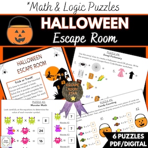 May include: A Halloween escape room game with math and logic puzzles. The image features a pumpkin bucket, a haunted house illustration, and various puzzle sheets with emoji clues and monster math problems. The text reads "Halloween Escape Room."