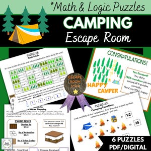 May include: A set of six printable camping-themed escape room puzzles for children. The puzzles include maths problems, logic puzzles, and word searches. The puzzles are designed to be fun and engaging for children of all ages.