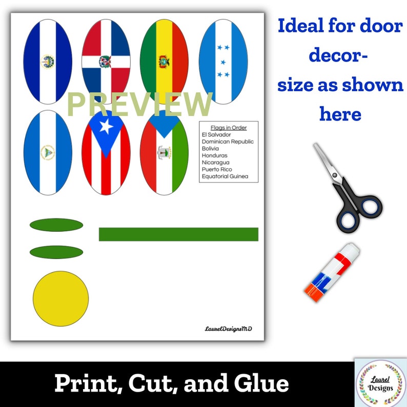 May include: Printable set of flags from various countries, including El Salvador, Dominican Republic, Bolivia, Honduras, Nicaragua, Puerto Rico, and Equatorial Guinea. The flags are in oval shapes and are ready to be cut and glued. The image also includes scissors and glue.