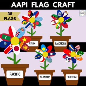 Printable AAPI Heritage Month Flag Flowers Craft, Asian American & Pacific Islander Heritage Month, Bulletin Board, Classroom Decor, Flags