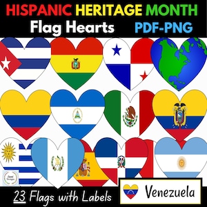 Hispanic Heritage Month Flag Hearts- Spanish Flag Hearts-Set of 23 (PDF and PNG Digital Clip Art) Digital Download