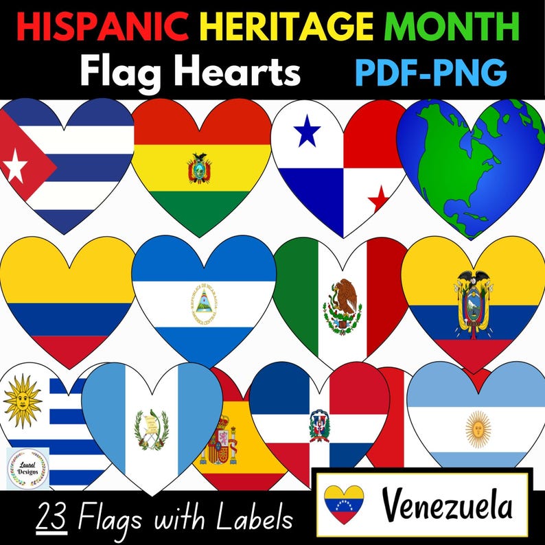 Hispanic Heritage Month Flag Hearts- Spanish Flag Hearts-Set of 23 (PDF and PNG Digital Clip Art) Digital Download image 1