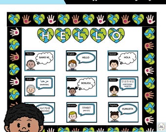 Hallo in verschiedenen Sprachen Bulletin Board, mehrsprachige Schilder, Klassenzimmer Dekor, ESL, Vielfalt, multikulturell, Schulanfang, printable