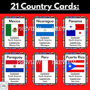 May include: A set of 21 country cards featuring the flag, continent, and capital city of each country. The cards are red with white borders and feature flags from Mexico, Nicaragua, Panama, Paraguay, Peru, and Puerto Rico.