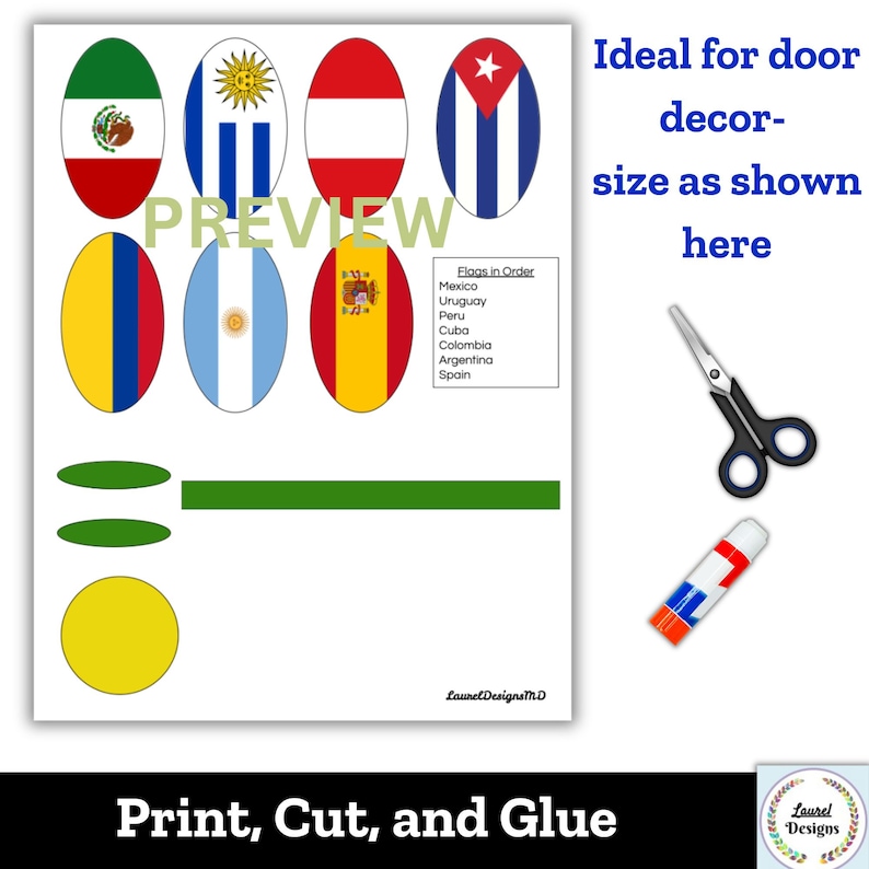 May include: Printable set of South American and Central American flags in oval shapes. The flags are in color and ready to be cut out and glued. The flags include Mexico, Uruguay, Peru, Cuba, Colombia, Argentina, and Spain. The text "Flags in Order" is listed next to the flags.