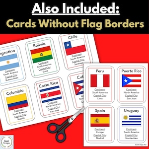 May include: A set of printable flashcards featuring flags of different countries, including Argentina, Bolivia, Chile, Colombia, Costa Rica, Cuba, Peru, Puerto Rico, Spain, and Uruguay. Each card includes the country's name, continent, and capital city.