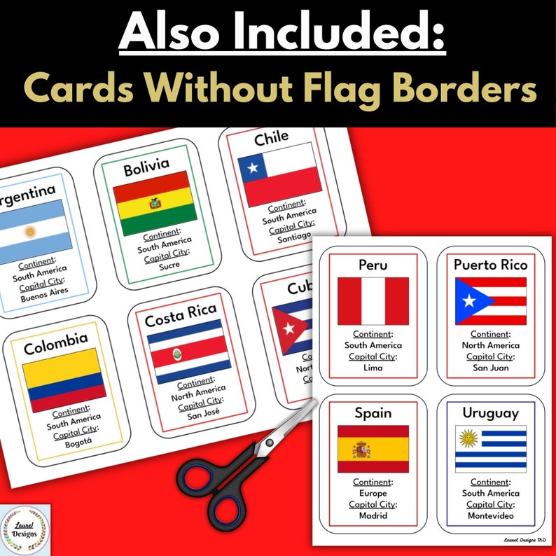 May include: A set of printable flashcards featuring flags of different countries, including Argentina, Bolivia, Chile, Colombia, Costa Rica, Cuba, Peru, Puerto Rico, Spain, and Uruguay. Each card includes the country's name, continent, and capital city.