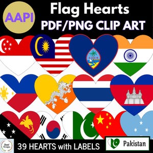 AAPI, Asian American & Pacific Islander Heritage Month Flag Hearts Printables- Set of 39 (PDF and PNG Digital Clip Art) Digital Download