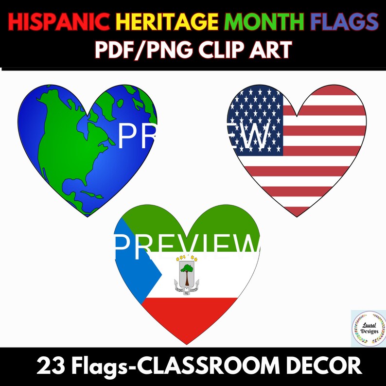 May include: A set of 23 heart-shaped flags representing different Hispanic countries. The flags are in a classroom setting. The flags are in a variety of colors, including red, white, blue, green, and yellow. The flags are perfect for classroom decor and can be used to teach students about different cultures.