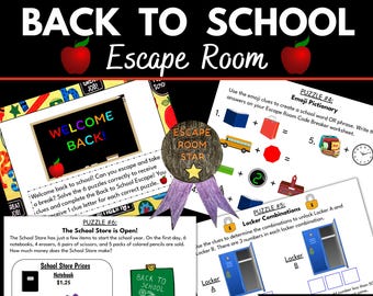 Puede incluir: Un juego digital de Escape Room de regreso a la escuela con acertijos de matemáticas y lógica. La imagen presenta un mensaje de bienvenida, útiles escolares y pistas de emoji. Incluye seis acertijos, con un premio en forma de estrella y el texto "6 PUZZLES PDF/DIGITAL".