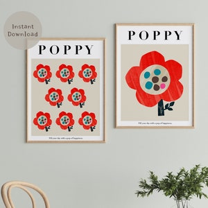 BUNDLE of 2, POPPY Flower Wall Art, Printable Wall Art, Floral Printable, Home Decor, Quote Wall Art, New Home Gift, Happiness quote