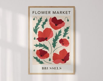 Brussels Poppy Flower Market Poster, Printable wall art, Flower wall art print, Abstract wall art, Large wall art, Livingroom, dorm decor