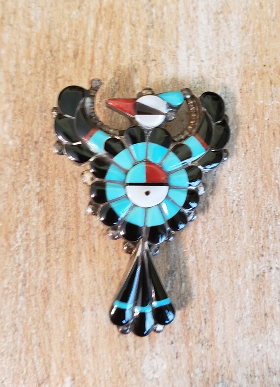 Vintage Zuni Sun symbol inlaid gemstones sterling sil… Gem