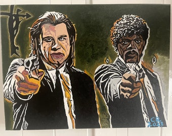May include: A painting depicting two men, one with long black hair and a black suit, the other with a large afro and a black suit, both holding guns and looking directly at the viewer. The background is a dark green colour with a white cross and arrow in the top left corner. The painting is signed "CR 2023" in the bottom right corner.