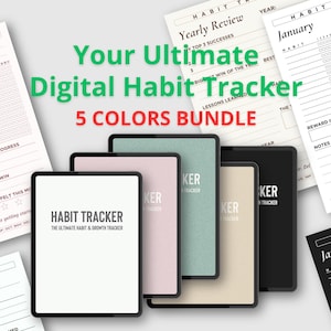 Puede incluir: Paquete de seguimiento de hábitos digitales en cinco colores. La imagen muestra varias tabletas y hojas impresas con diseños de seguimiento de hábitos. El texto en las tabletas dice "Habit Tracker" y "The Ultimate Habit & Growth Tracker". También es visible el texto "Your Ultimate Digital Habit Tracker 5 Colors Bundle".