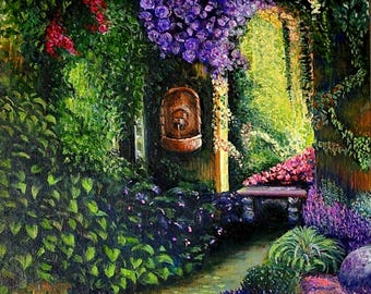 May include: An oil painting of a lush garden scene. The artwork features a stone path leading to a bench and a fountain. Vibrant flowers in shades of red, purple, and yellow cascade over the scene, creating a colorful and inviting atmosphere.