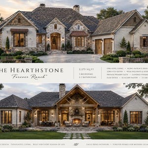 May include: A house design titled The Hearthstone Forever Ranch featuring a stone and brick exterior, 2,275 sq. ft., 3 bedrooms, and 2.5 bathrooms. The image displays front and rear elevations with a two-car garage, covered veranda, and fireplace.