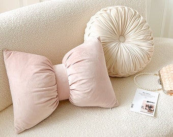 Bow pillow/round pink pillow/white round pillow/ruffled first pink pillow/---cute home decoration, cushion, seat cushion