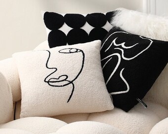 Picasso Style Pattern Tufted Throw Pillow, Modern Home Décor, Black and White Sofa Decorative Throw Pillow Cover, COVER ONLY