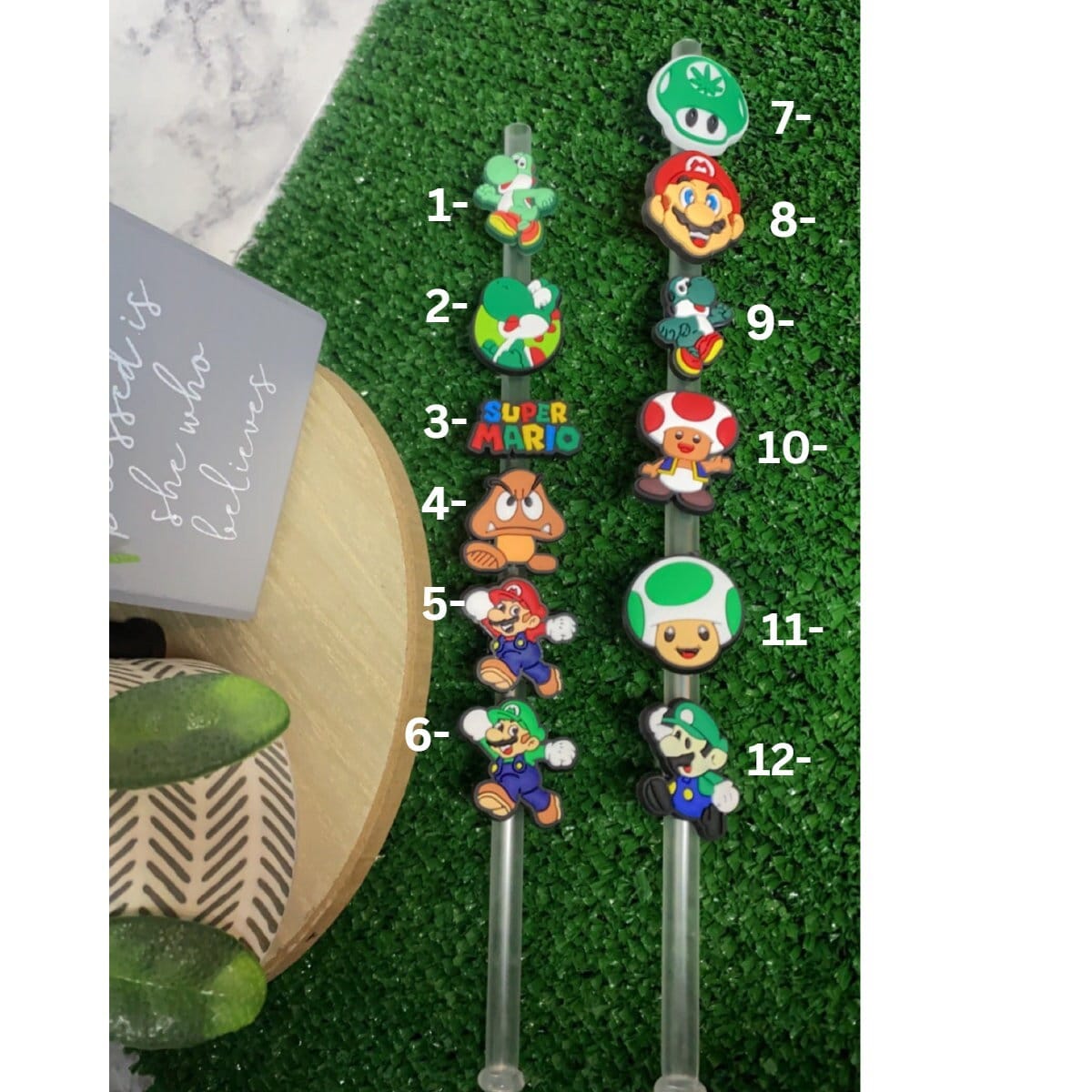 24 PCS Super Bros Straws Anime Themed Mario Straws with 2 Cleaning Brush 8  Shapes Designs for Super Bros Mario Themed Birthday Party Favors Supplies 8