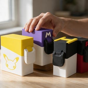 May include: Four rectangular plastic storage cases with hinged lids and front latches. One is yellow and white with a yellow creature graphic, one is purple and white with an M, one is black and white with an H, and one is red and black with an R.