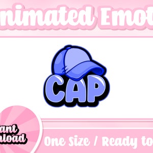 Puede incluir: Gráfico de emote animado con una gorra de béisbol azul con la palabra "CAP" en una fuente de burbujas. El diseño está sobre un fondo rosa con el texto "Descarga instantánea" y "Talla única / Listo para usar".