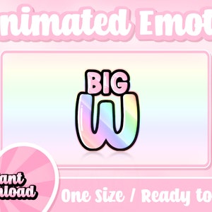 Puede incluir: Emoticono animado con una "W" degradada en arcoíris con la palabra "BIG" encima. El emoticono está sobre un fondo rosa con un corazón rosa que contiene el texto "Descarga instantánea" en la esquina inferior izquierda. El texto "Talla única / Listo para usar" está en la esquina inferior derecha.