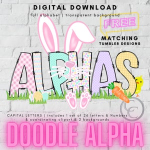 Pastel Easter Clipart Doodle Alpha and Number Set with Matching Tumbler Designs, Capital Letters, PNG, SUBLIMATION