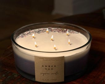 XXL Amber Oud Candle – Unieke handgemaakte geurkaars versierd met gedroogde bloemen | Luxe kaars met 7 lonten | Elegant cadeau | +1 kg soja