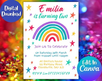 Editable Rainbow Party Invitation, Kids Digital Party Invite, Rainbow Birthday Party Printable Invite, Canva Template Download