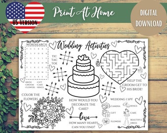 Tapete de actividades de boda imprimible para niños, Placemat de boda para niños, Página para colorear de descarga de bodas, Actividades de recepción de bodas, Paquete de bodas para niños