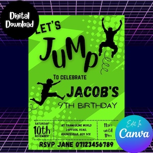 Trampoline Park Editable Party Invitation, Kids Digital Party Invite, Jump Birthday Party Printable Invitation, Canva Template Download
