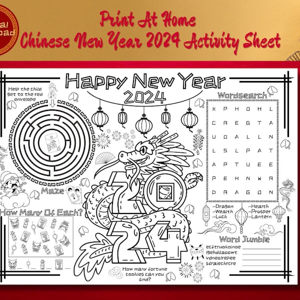 Kids Printable Chinese New Year Activity Sheet, Year Of The Dragon 2024 Print At Home Activity Mat, Lunar New Year Activities For Children