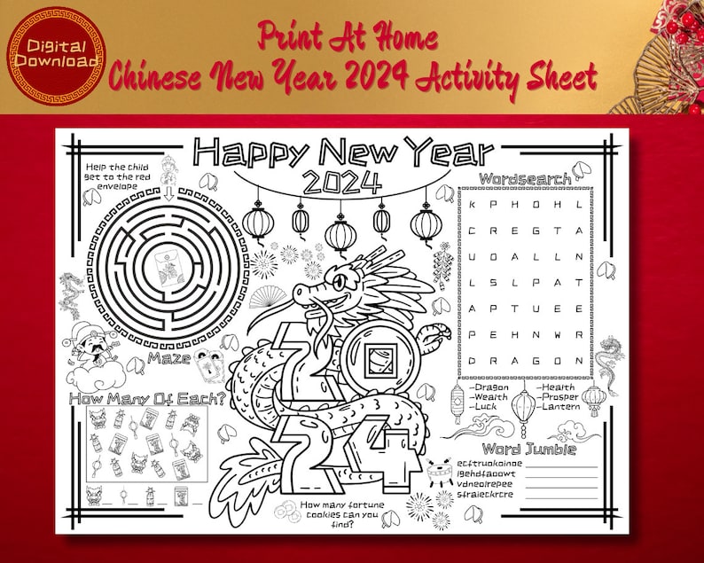 Kids Printable Chinese New Year Activity Sheet, Year of the Dragon 2024