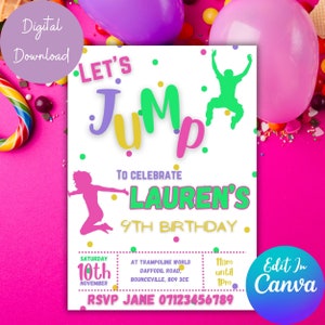 Trampoline Park Editable Party Invitation, Kids Digital Party Invite, Jump Birthday Party Printable Invitation, Canva Template Download