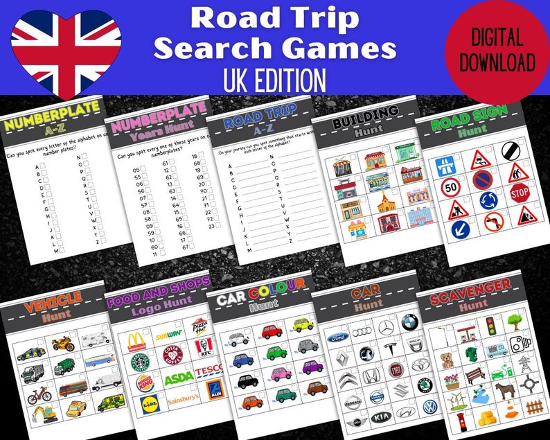 Op de afbeelding: Een set van 10 printbare roadtrip-zoekspellen voor kinderen. De spellen omvatten het vinden van letters, cijfers, logo's, autokleuren en verkeersborden. De spellen zijn ontworpen voor een Brits publiek en bevatten een Union Jack-vlag in de linkerbovenhoek.