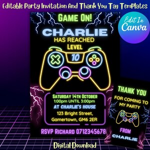 Gaming Editable Party Invitation Thank You Tag, Gamer Kids Digital Party Invite, Birthday Party Printable Bundle, Canva Template Download