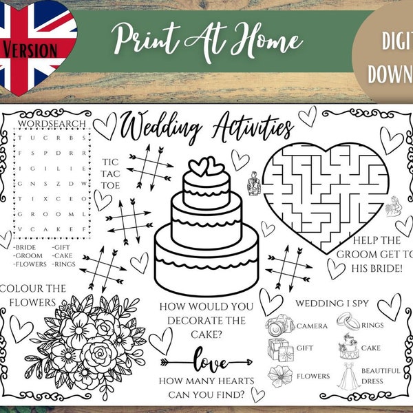 Kids Printable Wedding Activity Mat, Kids Wedding Placemat, Wedding Download Colouring Page, Wedding Reception Activities, Kids Wedding Pack