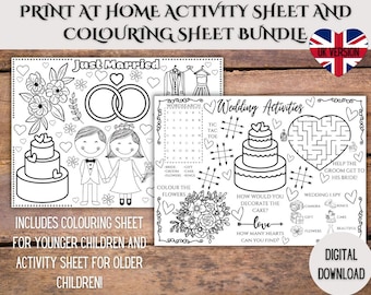 Tapete de actividades de boda imprimible para niños, Placemat de boda para niños, Página para colorear de descarga de bodas, Actividades de recepción de bodas, Paquete de bodas para niños